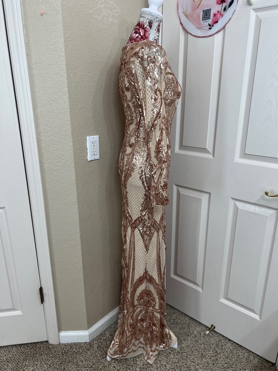 Betsy & Adam Rose Gold Sequin Lace Long Sleeve Gown
